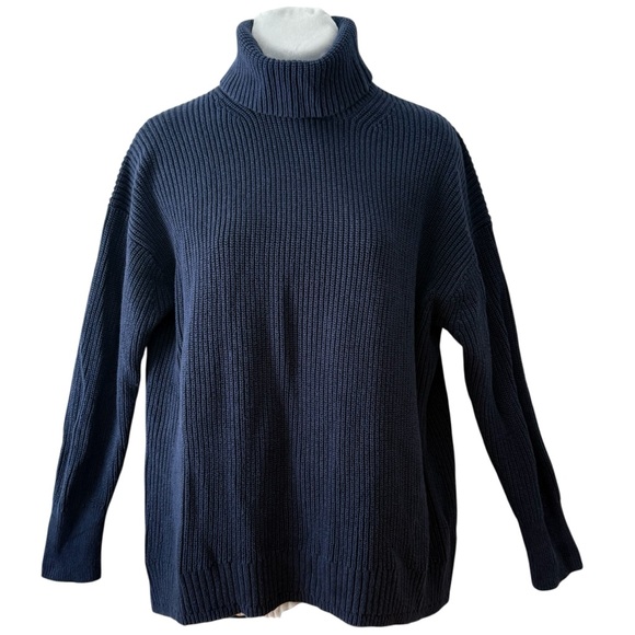 Cotton + Cashmere J.Crew Knit Ribbed Relaxed Fit Turtleneck Navy Blue Size Small - Picture 1 of 6